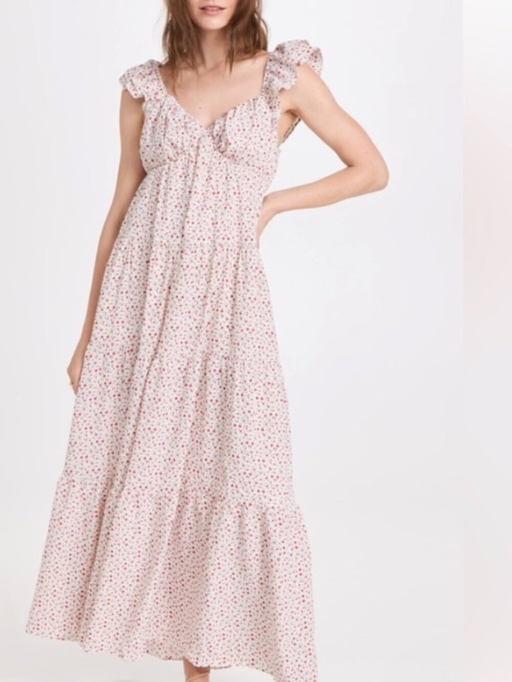 English Factory Sweetheart Floral Tiered Maxi Dress in Cream and Red Sz M